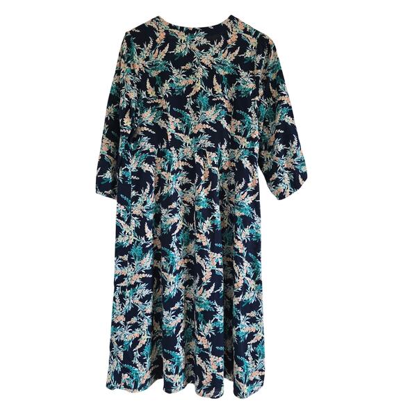 J Jill Navy Floral Cotton Midi Dress Sz-S Relaxed V-neck 3/4 Sleeve Boho cottage - Picture 4 of 9